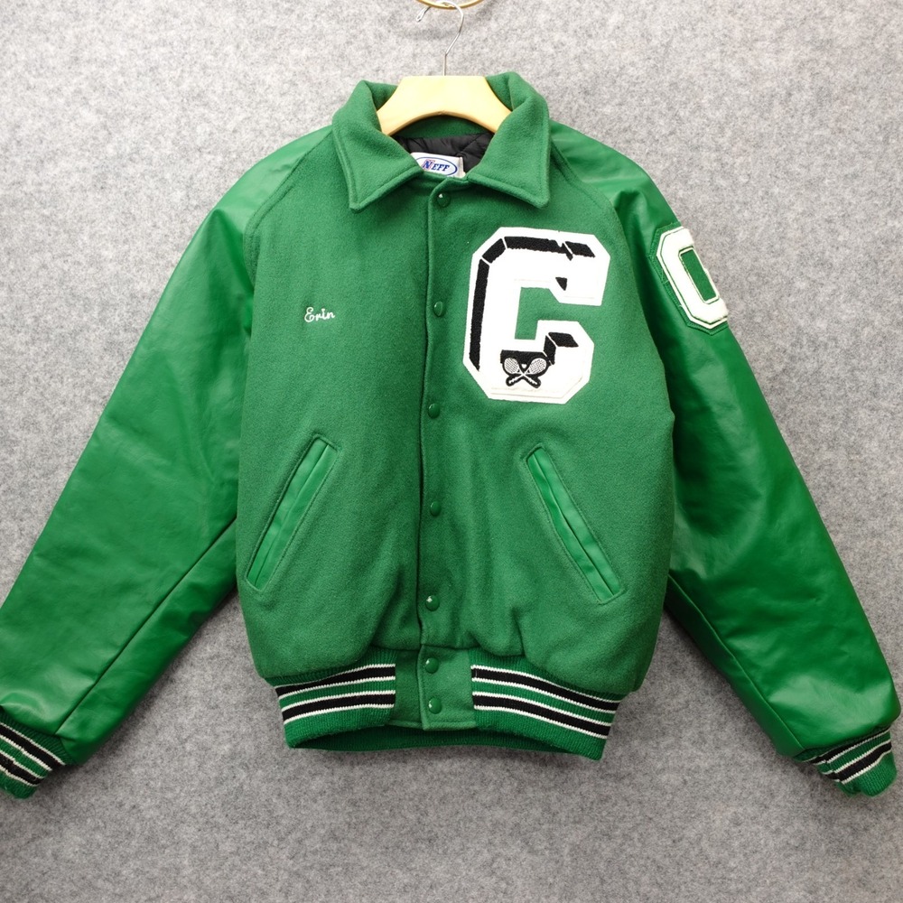 VINTAGE Tennis Varsity Jacket M Green Dragon Wool USA Made NEFF Retro 2008 Y2K